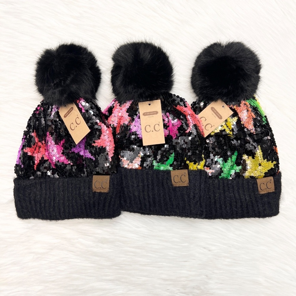 C.C Star Sequin Sparkly Pom Beanie Adults, Winter Hat, Premium Hat, Holiday Gift